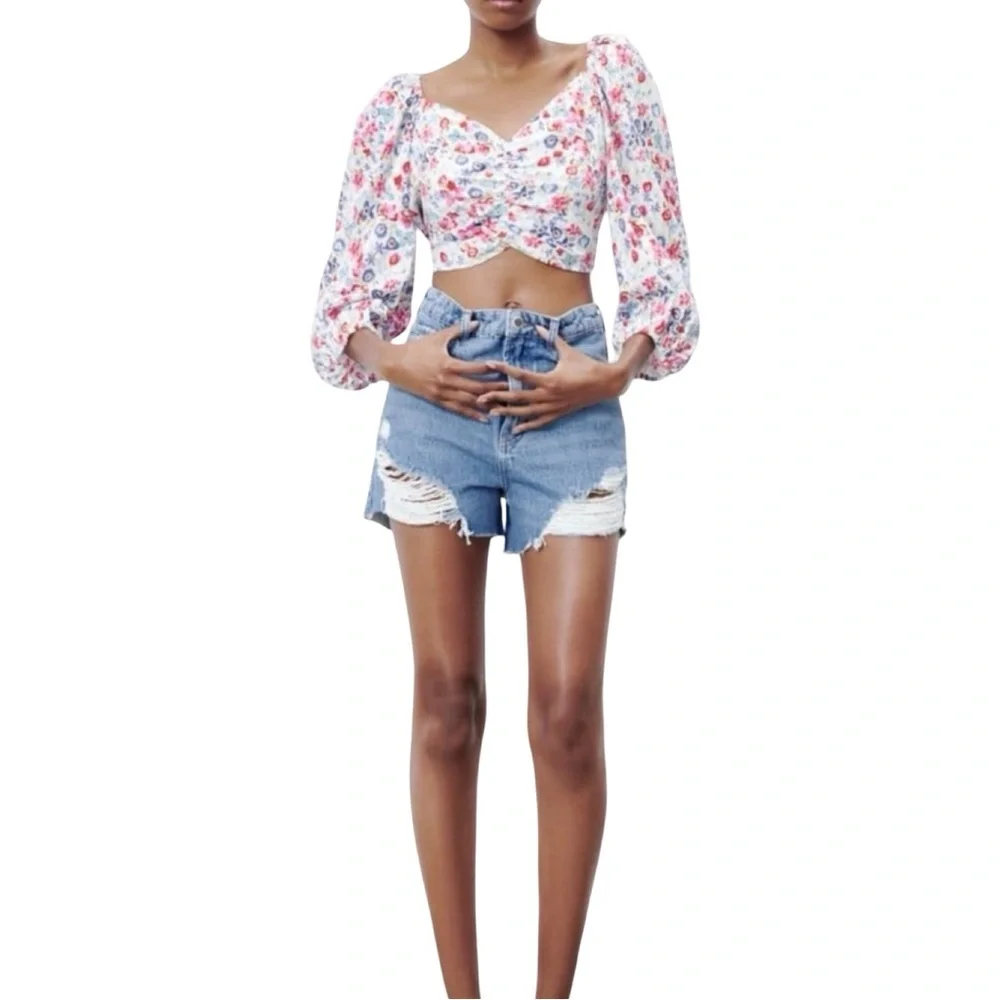Zara Floral Linen Blend Tie Back Puff Sleeve Crop Blouse